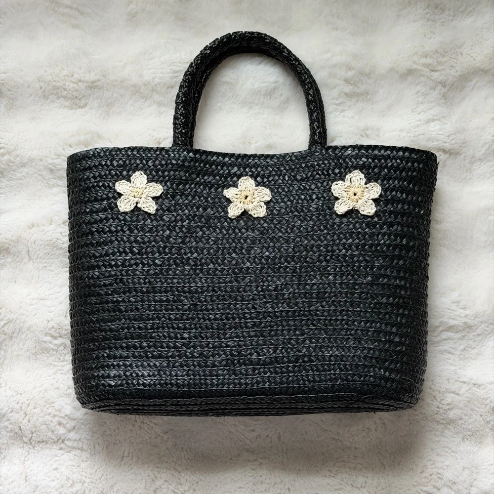 Black Woven Straw Tote Bag with Crochet Floral Accents - Picture 2 of 12